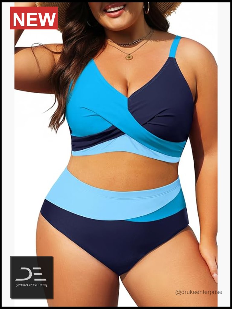 Plus Size High Waisted Two Piece Swimsuit Tummy Control Bikini Set
